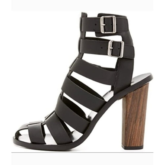 Vince Sandals Caged Strappy Nicolette Womens 8M 38 Black Leather Block High Heel - Picture 3 of 16